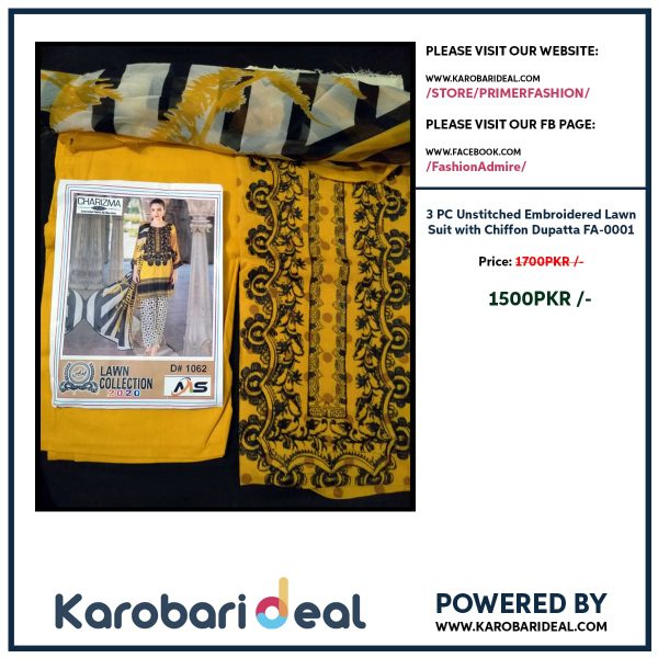 3 PC Unstitched Embroidered Lawn Suit with Chiffon Dupatta - FA-0001 - Image 2