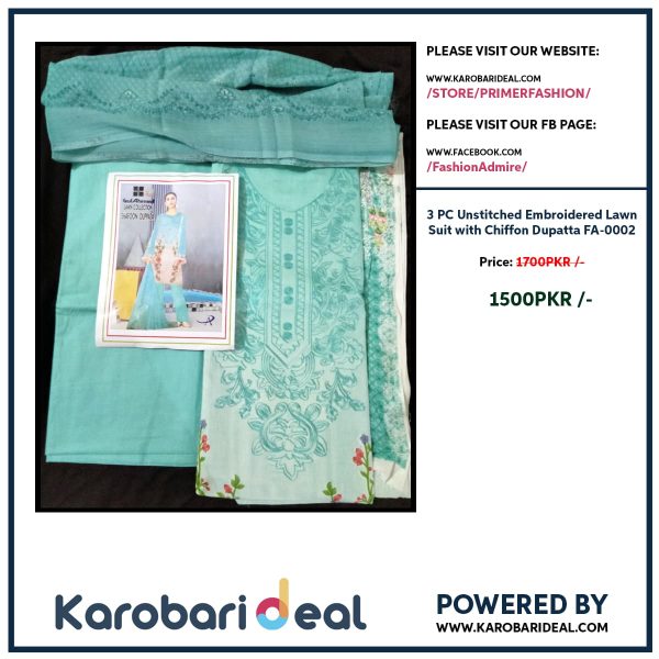 3 PC Unstitched Embroidered Lawn Suit with Chiffon Dupatta - FA-0002 - Image 2
