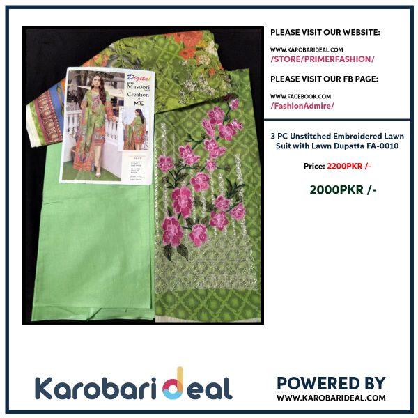 3 PC Unstitched Embroidered Lawn Suit with Lawn Dupatta - FA-0010 - Image 2