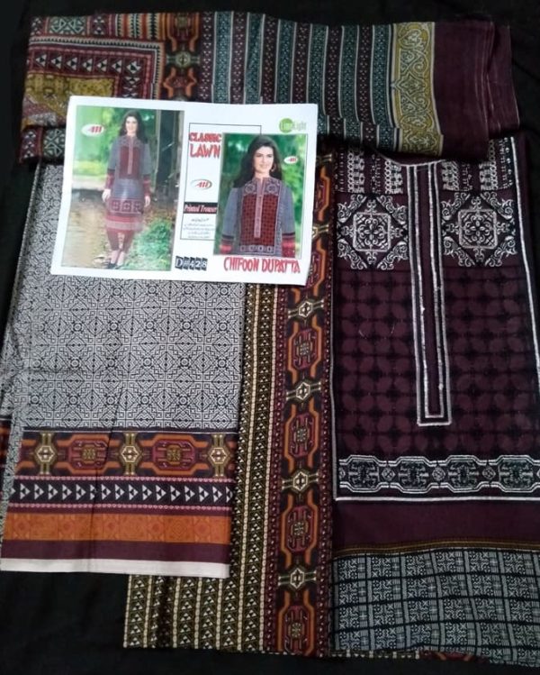 3 PC Unstitched Embroidered Lawn Suit with Chiffon Dupatta - FA-0004