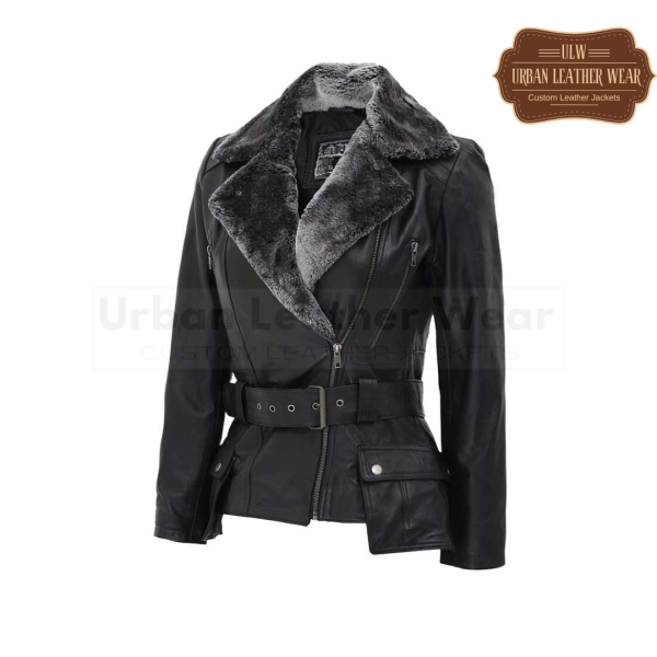 Women Shearling Belted Asymmetrical Leather Jacket (Black)