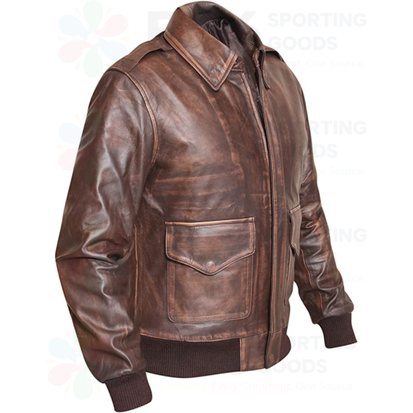 Distressed Brown Leather Aviator Bomber Flight Jacket - Image 3