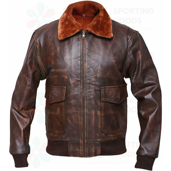 Leather Aviator Bomber Flight Jacket With Fur