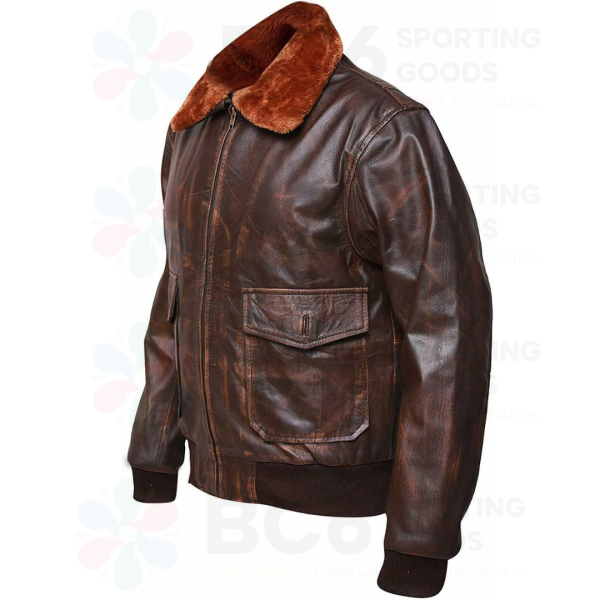 Leather Aviator Bomber Flight Jacket With Fur - Image 3