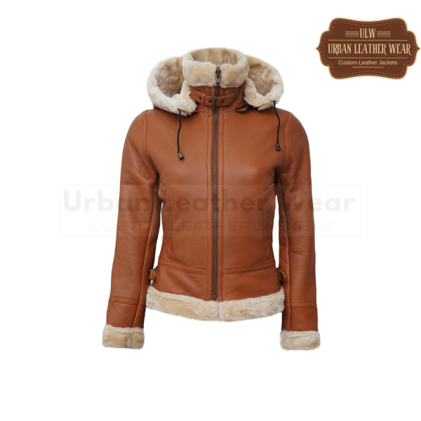 B3 Hooded Bomber Tan Shearling Leather Jacket Women