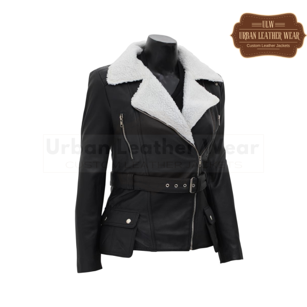 Women shearling Leather Asymmetrical Fur Collar Jacket (Black)