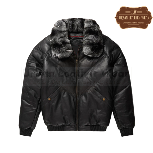 Men Leather Chinchilla Collar V Bomber Jacket (Black)