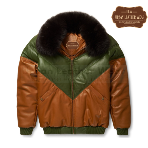 Men Leather V-Bomber Jacket (Brown - Green)