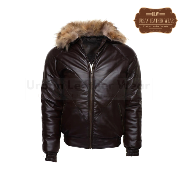 Men V-Bomber Puffer Leather Jacket With Fur (brown)