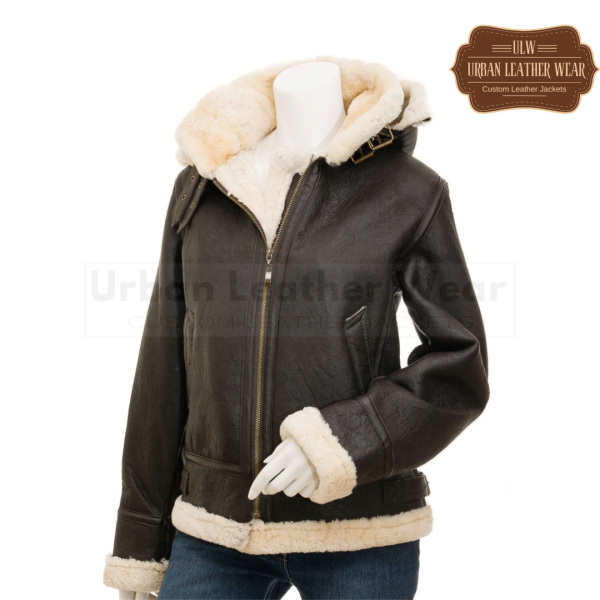 Women Dark Brown B3 Shearling Leather Jacket with Hood