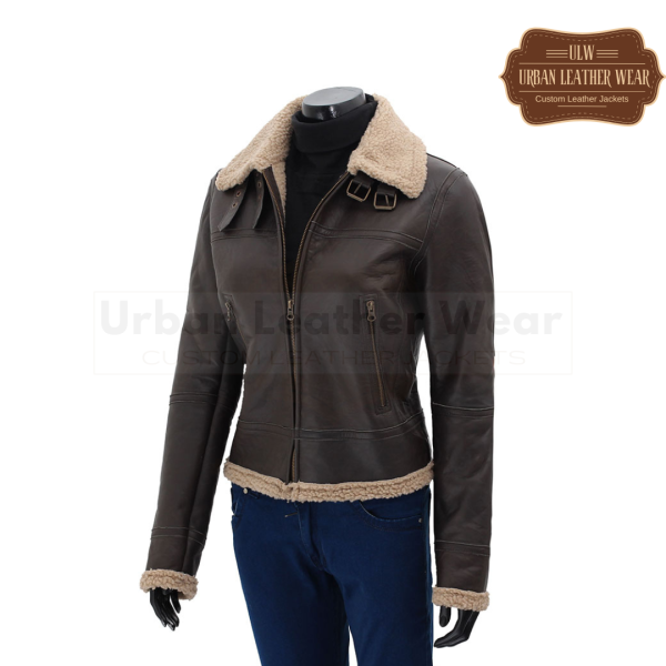 Dark Brown Leather Sherpa Jacket Women