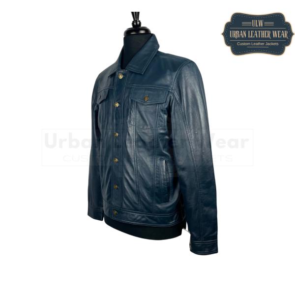 Men Denim Style Blue Leather Trucker Jacket