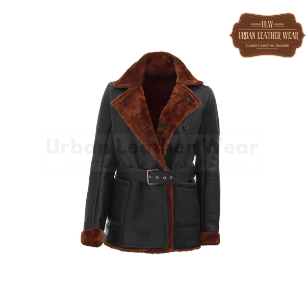 Women 3/4 Length Black Shearling Leather Coat