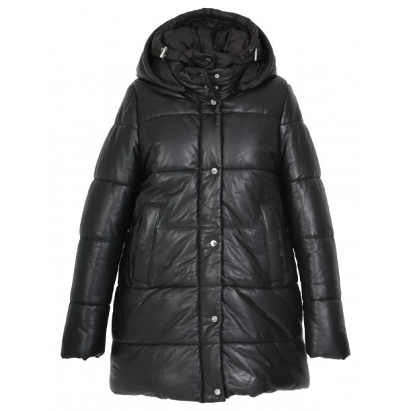 Women Real Leather Hooded Mid Long Coat