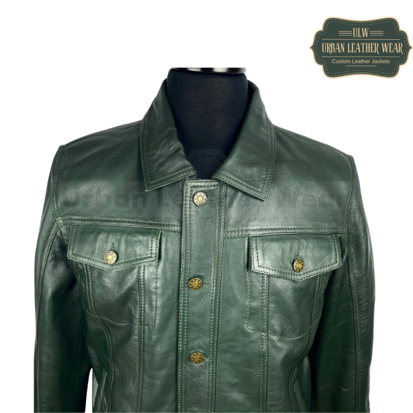 Men Forest Green Leather Trucker Jacket