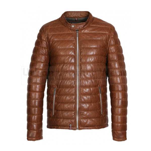 Genuine leather down jacket with press buttoned mandarin collar