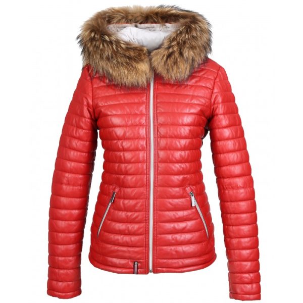 Women Real fur hooded genuine leather jacket (Red)