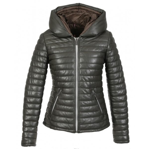 Short genuine leather down jacket lapel hood (Dark khaki)