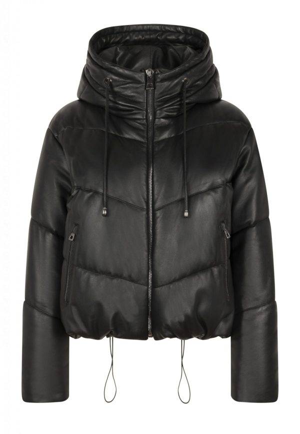 Women Leather puffer jacket  (black)