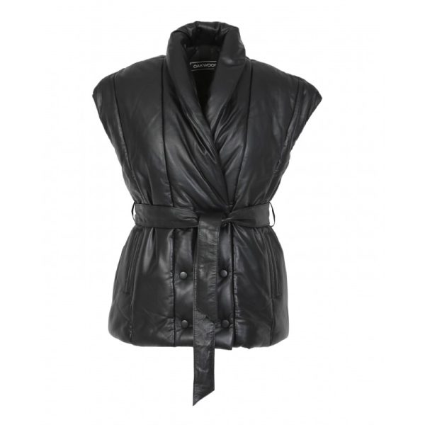 Women short genuine leather sleeveless down jacket