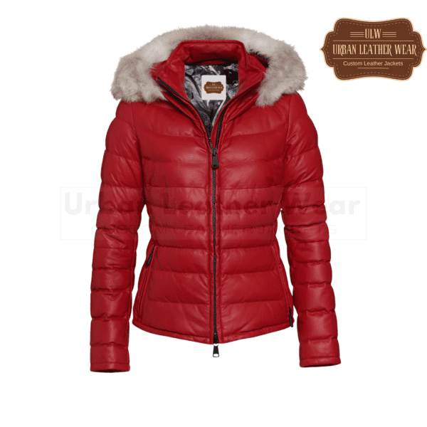 Ladies leather puffer down jacket (red)