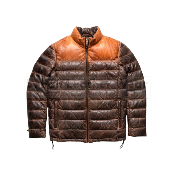 Men leather down jacket brown