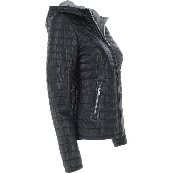 Ladies Hooded Quilted Real Leather jacket