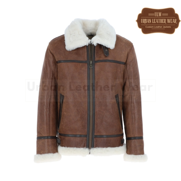 Men Shearling Leather Bomber Jacket Brown