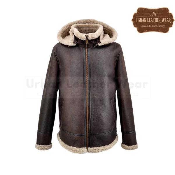 Men Shearling Leather Jacket with Hood Dark Brown