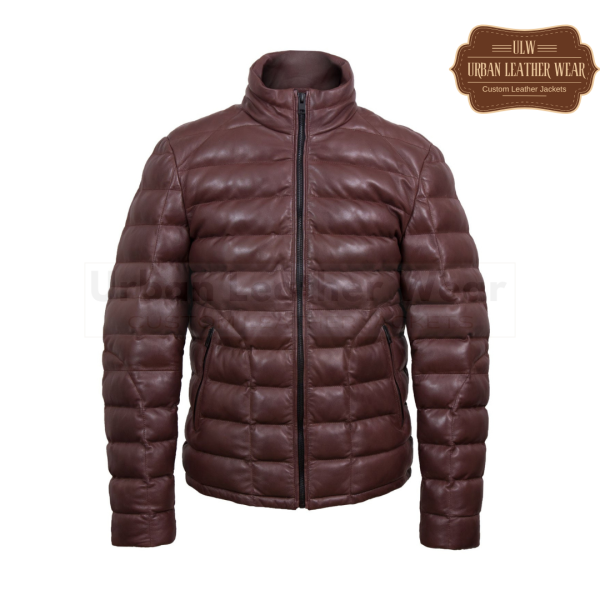 Men burgundy puffer leather jacket