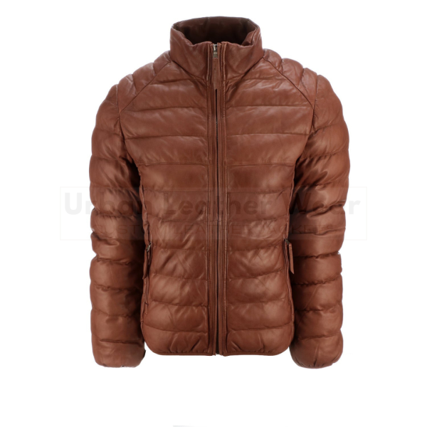 Men leather puffer jacket brown