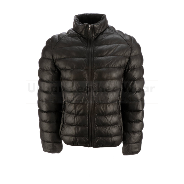 Men leather puffer jacket black