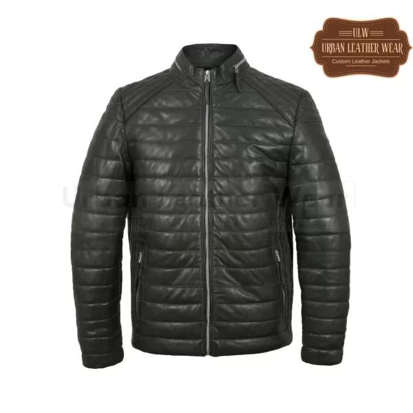 Men olive puffer leather jacket