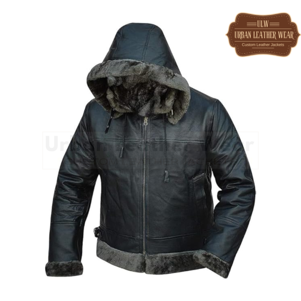 Bomber Aviator Fur Shearling Leather Jacket With Removable Hoodie