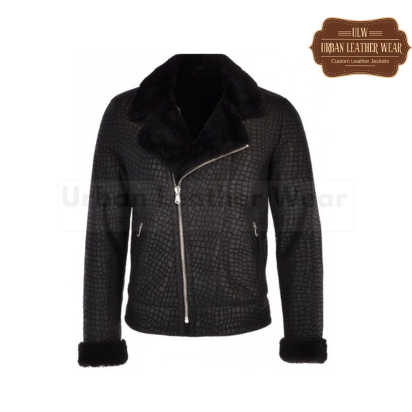 Men Crocodile Print Shearling Leather Coat Black