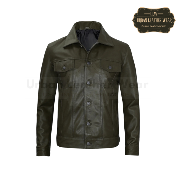 Men Four Pockets Olive Green Leather Trucker Jacket