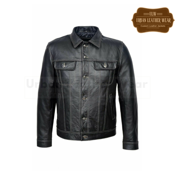 Men Leather Trucker Jacket Denim style Black