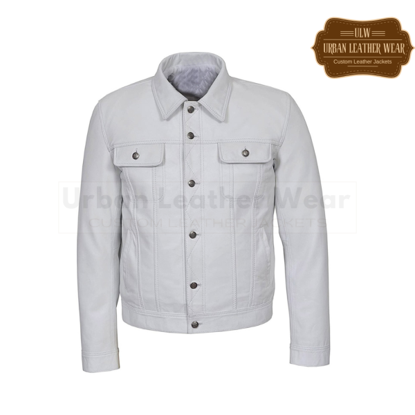 Men Leather Trucker Jacket Denim Jacket White