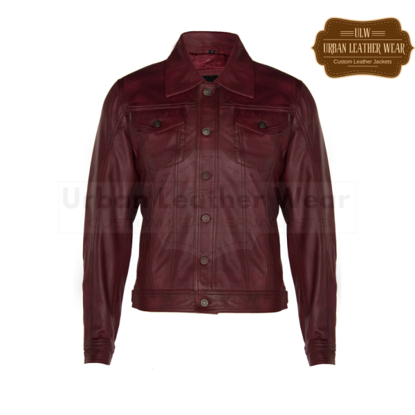 Men Leather Trucker Jacket Denim retro style Burgundy