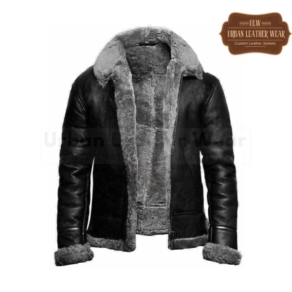 Men RAF B3 Flying Bomber Shearling Leather Jacket (Black Grey)