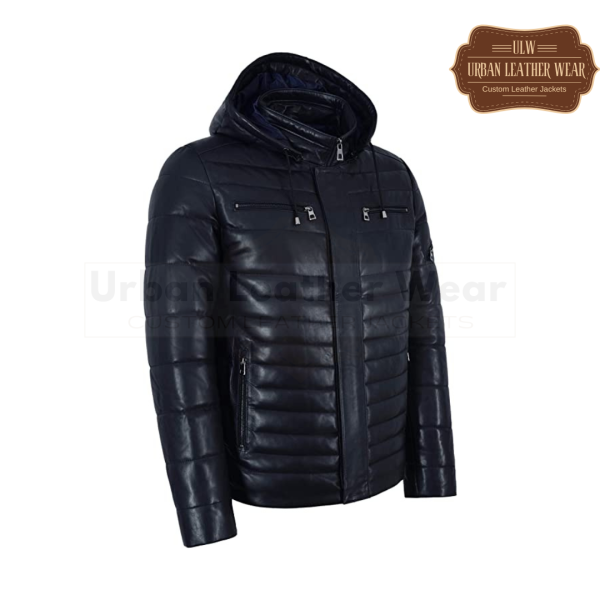 Men Puffer Hooded Leather Jacket Navy Blue