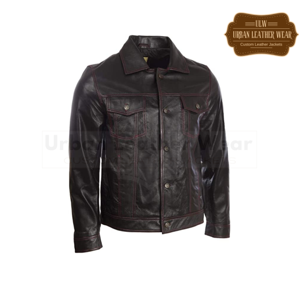 Men Real Leather Classic Trucker Fashion Jacket Black Red Stitch