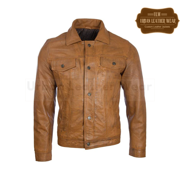 Men Leather Trucker Jacket black tan