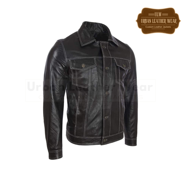 Men Leather Trucker Jacket Black White Stitches