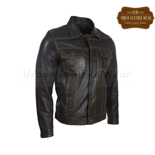 Men Real Leather Trucker Fashion Jacket Black Yellow Stitches