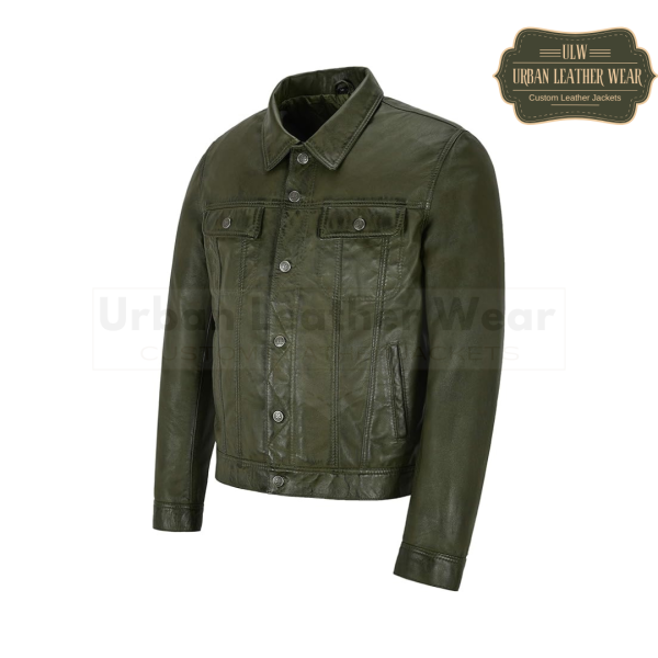 Men Trucker Leather Jacket Olive Levis Style