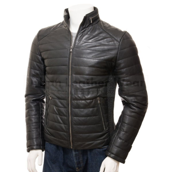 Men Leather Puffer Jacket in black