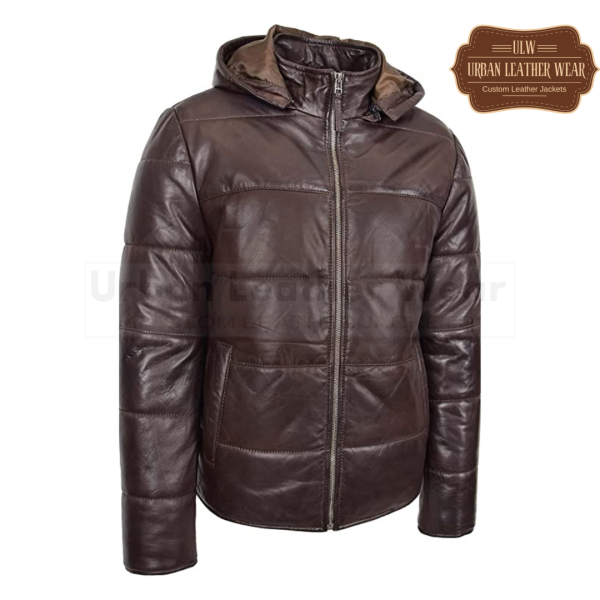 Men Leather Puffer Jacket Chocolate Brown