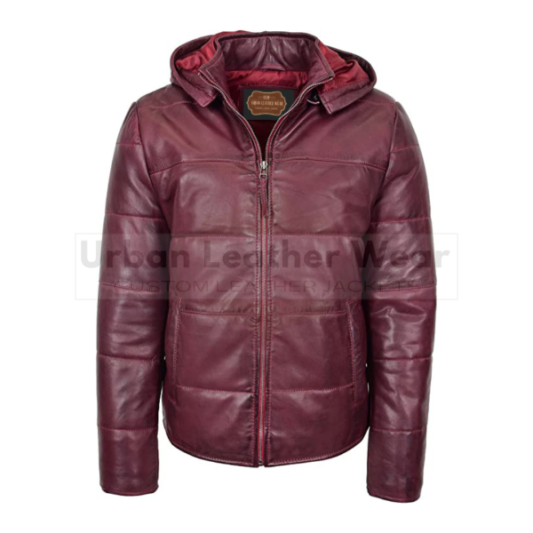 Men real leather puffer jacket fully padded with hood (Red)