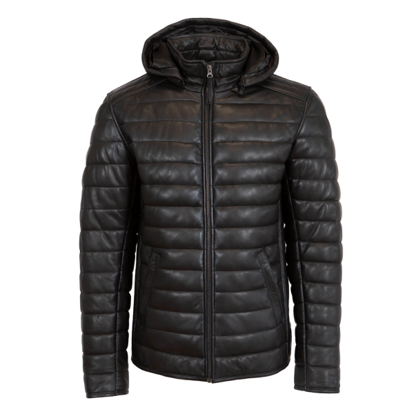 Mens leather puffer jacket dark black with hood